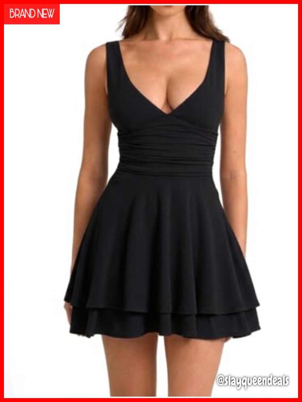 Women's Ruched V Neck Sleeveless Ruffle Mini Tank Party Dress